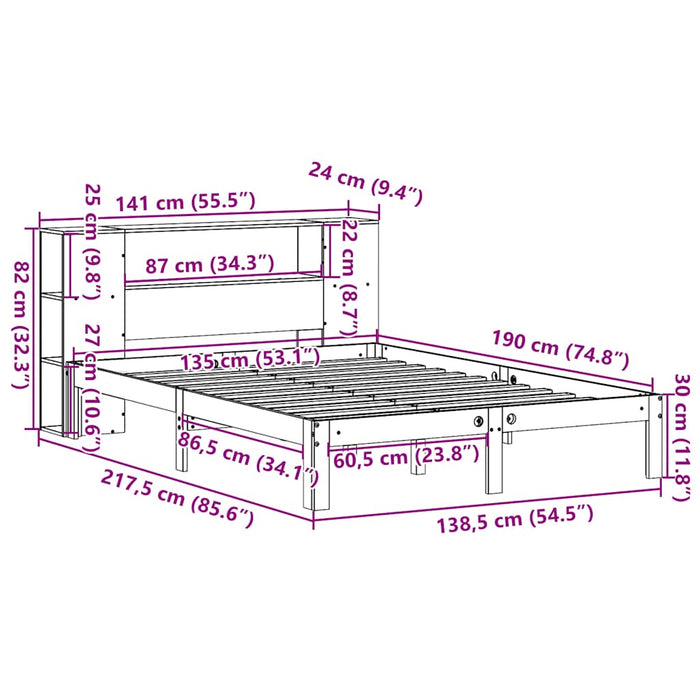 Pat cu bibliotecă fără saltea, alb, 135x190 cm, lemn masiv pin - WALTI WALTI