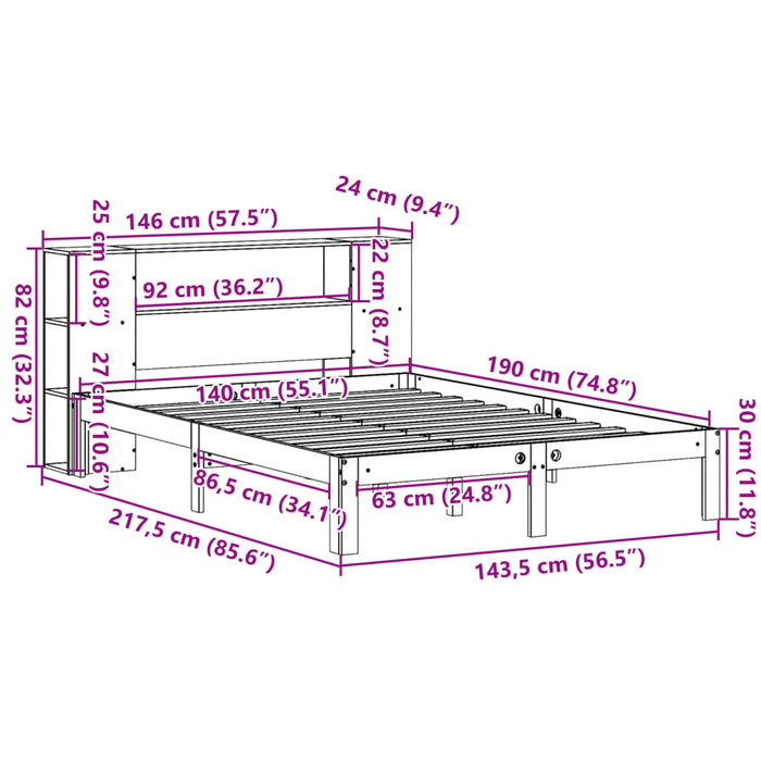 Pat cu bibliotecă fără saltea, alb, 140x190 cm, lemn masiv pin - WALTI WALTI