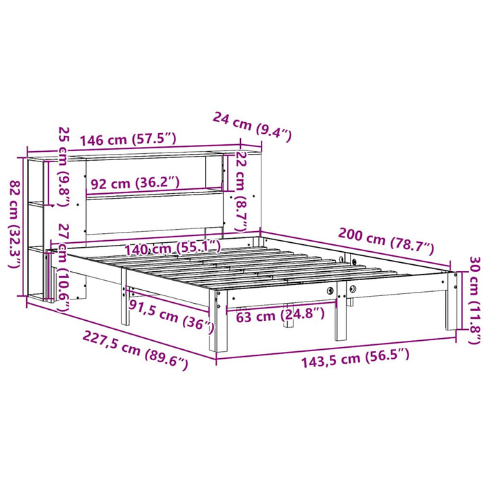 Pat cu bibliotecă fără saltea, alb, 140x200 cm, lemn masiv pin - WALTI WALTI