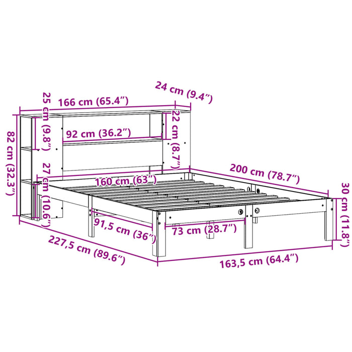 Pat cu bibliotecă fără saltea, alb, 160x200 cm, lemn masiv pin - WALTI WALTI