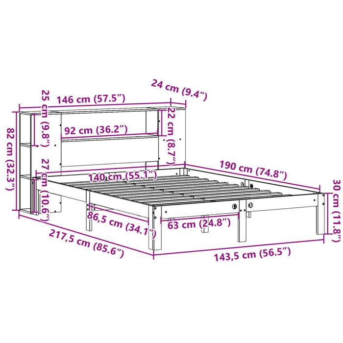 Pat cu bibliotecă fără saltea maro 140x190 cm lemn masiv de pin - WALTI WALTI