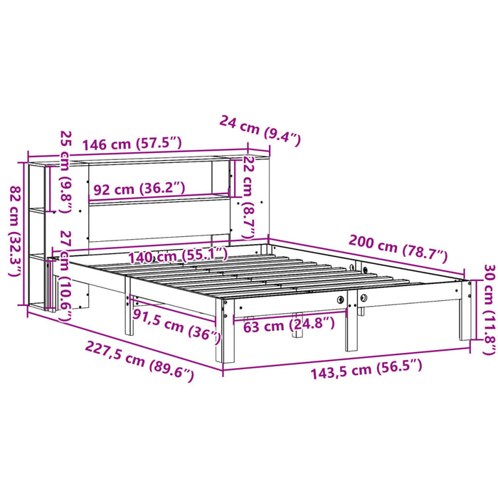 Pat cu bibliotecă fără saltea maro 140x200 cm lemn masiv de pin - WALTI WALTI