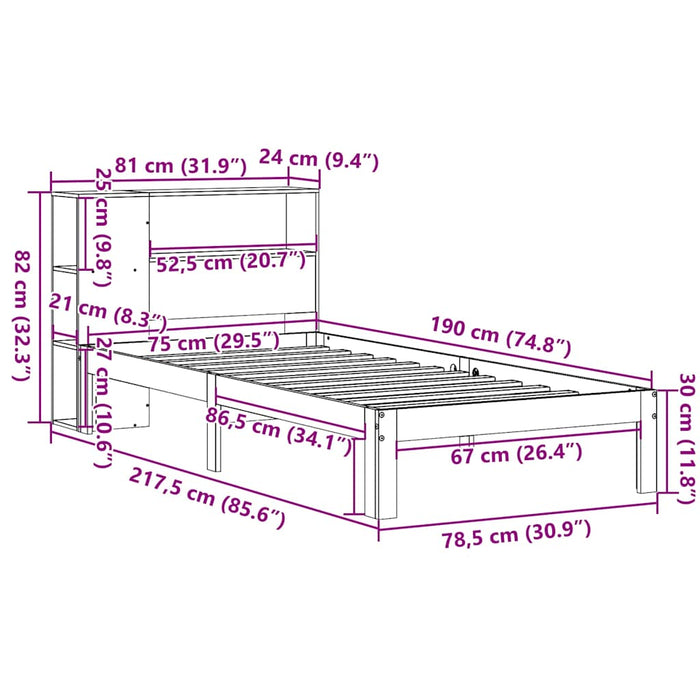 Pat cu bibliotecă fără saltea, alb, 75x190 cm, lemn masiv pin - WALTI WALTI