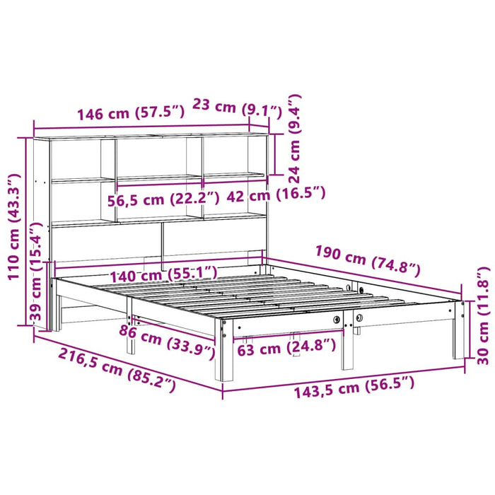 Pat cu bibliotecă fără saltea, alb, 140x190 cm, lemn masiv pin - WALTI WALTI
