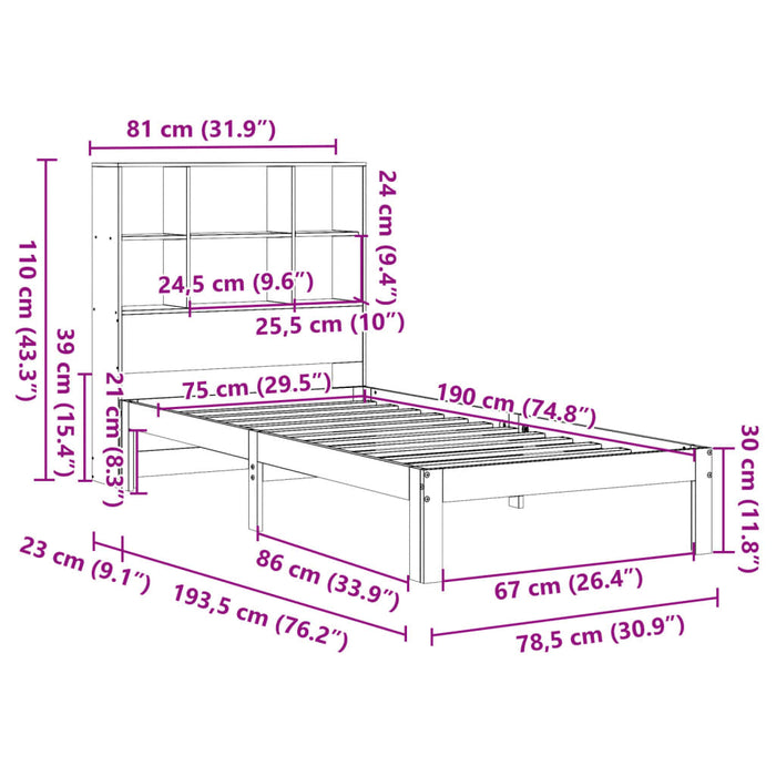 Pat bibliotecă fără saltea maro ceruit 75x190 cm lemn masiv pin - WALTI WALTI