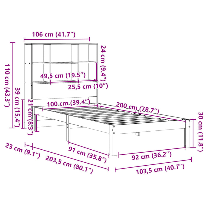 Pat cu bibliotecă fără saltea, maro, 100x200 cm, lemn masiv pin - WALTI WALTI