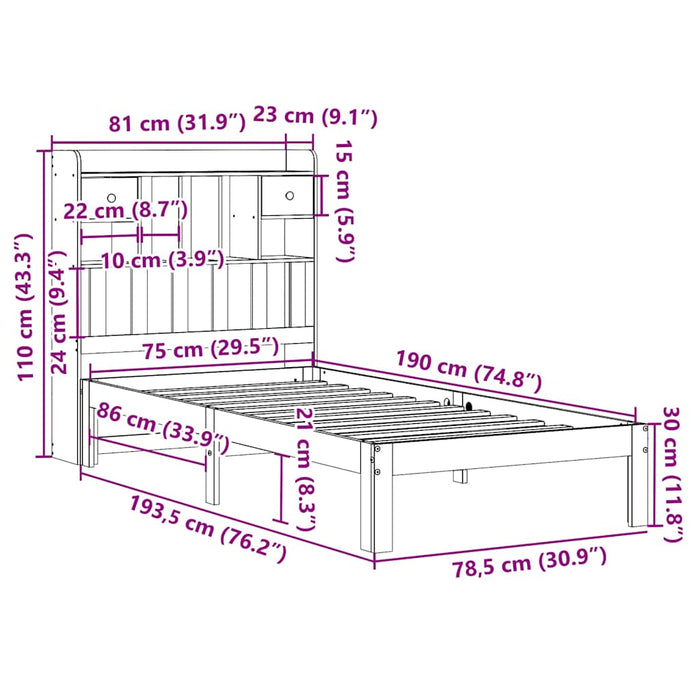 Pat cu bibliotecă fără saltea, alb, 75x190 cm, lemn masiv pin WALTI