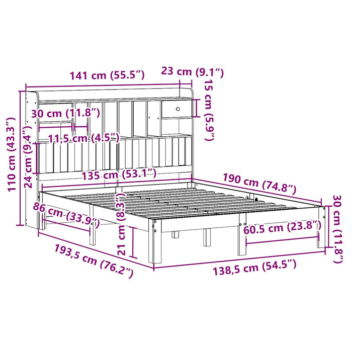 Pat cu bibliotecă fără saltea, alb, 135x190 cm, lemn masiv pin WALTI