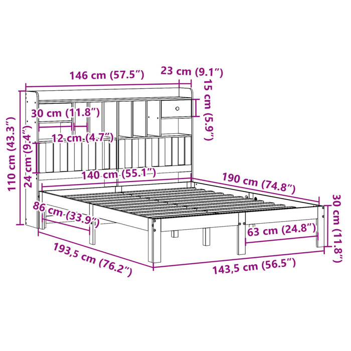 Pat cu bibliotecă fără saltea, alb, 140x190 cm, lemn masiv pin - WALTI WALTI