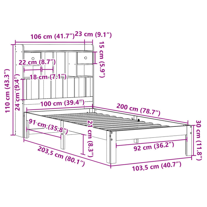 Pat cu bibliotecă fără saltea, 100x200 cm, lemn masiv pin WALTI