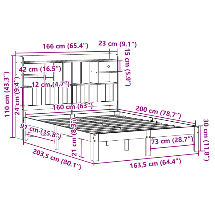 Pat cu bibliotecă fără saltea, alb, 160x200 cm, lemn masiv pin - WALTI WALTI