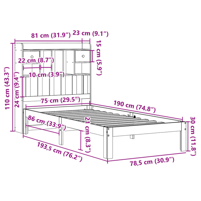 Pat bibliotecă fără saltea maro ceruit 75x190 cm lemn masiv pin WALTI