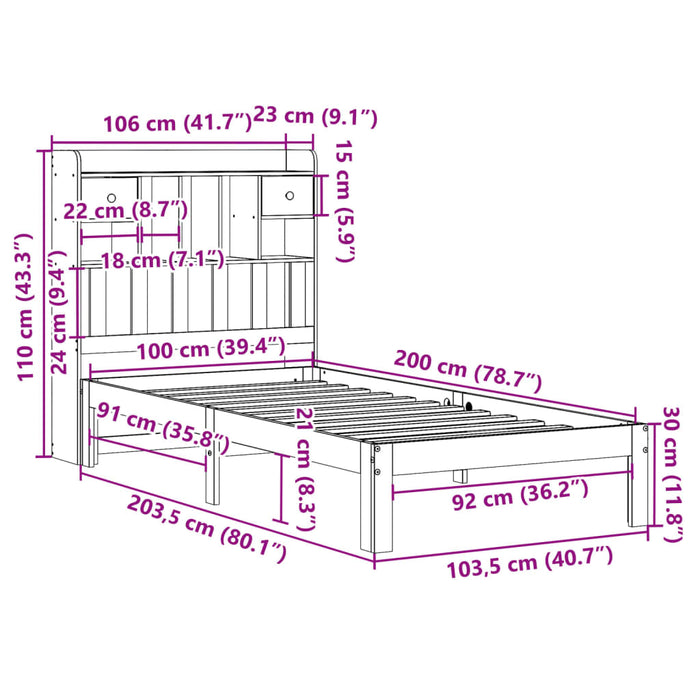 Pat cu bibliotecă fără saltea, maro, 100x200 cm, lemn masiv pin - WALTI WALTI