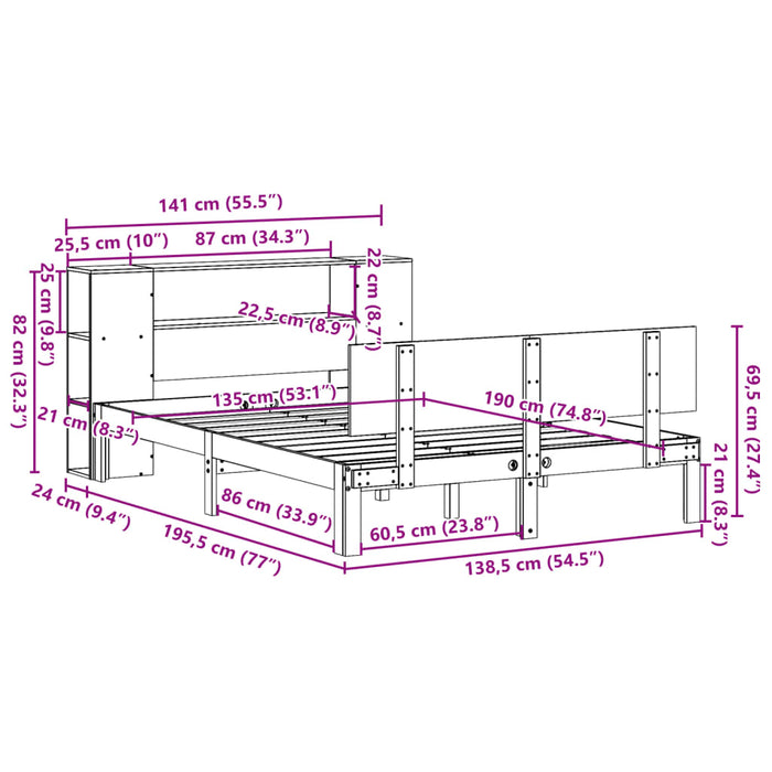 Pat cu bibliotecă fără saltea, 135x190 cm, lemn masiv de pin WALTI