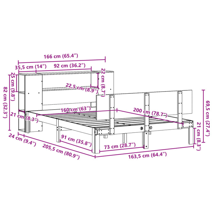 Pat cu bibliotecă fără saltea, alb, 160x200 cm, lemn masiv pin WALTI