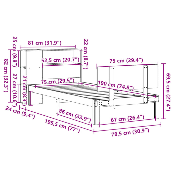 Pat cu bibliotecă fără saltea, 75x190 cm, lemn masiv de pin WALTI