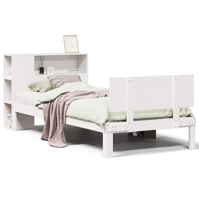 Pat cu bibliotecă fără saltea, alb, 75x190 cm, lemn masiv pin WALTI