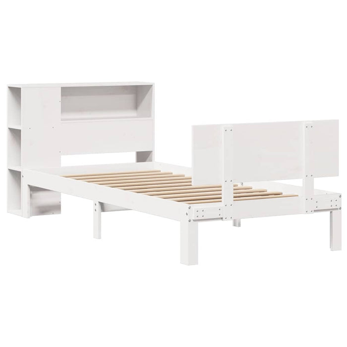 Pat cu bibliotecă fără saltea, alb, 75x190 cm, lemn masiv pin WALTI