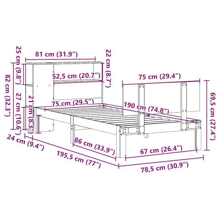 Pat cu bibliotecă fără saltea, alb, 75x190 cm, lemn masiv pin WALTI
