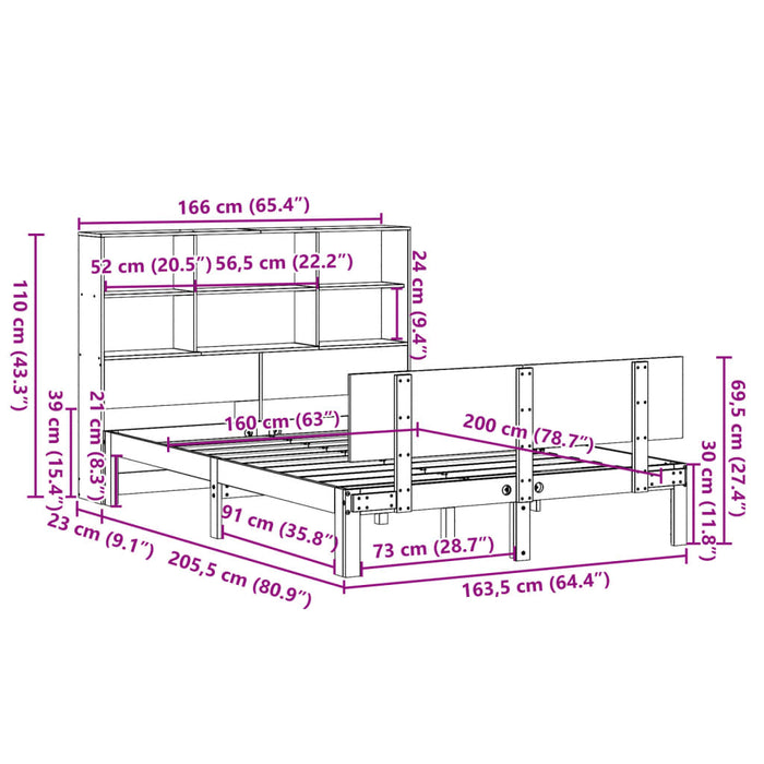 Pat cu bibliotecă fără saltea, alb, 160x200 cm, lemn masiv pin WALTI