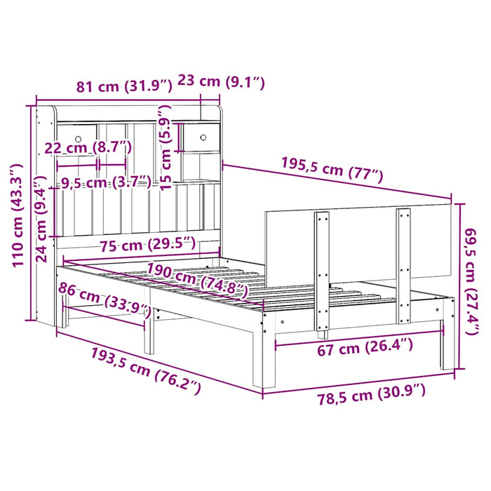 Pat cu bibliotecă fără saltea, alb, 75x190 cm, lemn masiv pin WALTI