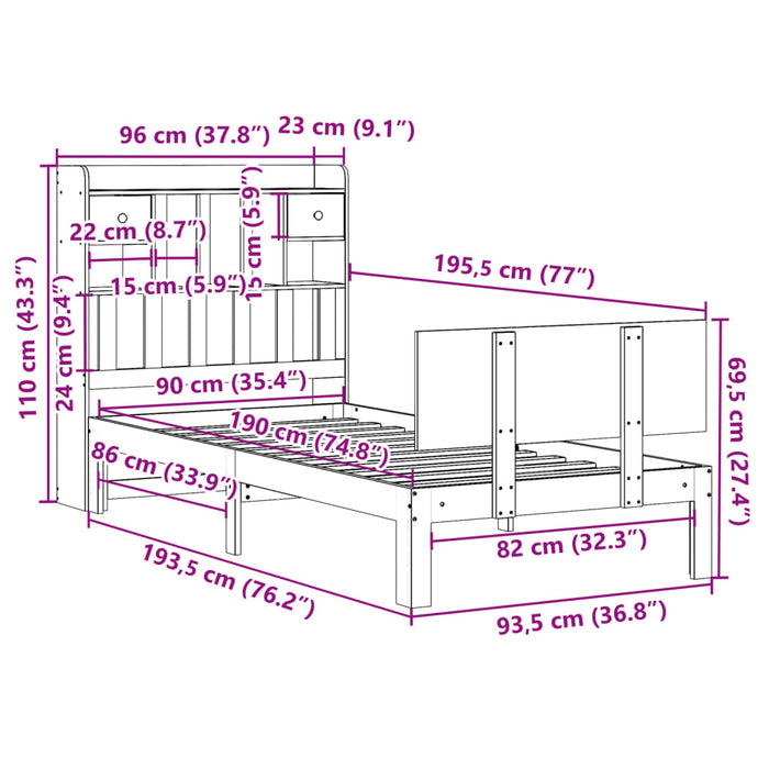 Pat cu bibliotecă fără saltea, alb, 90x190 cm, lemn masiv pin WALTI