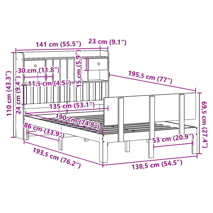 Pat cu bibliotecă fără saltea, 135x190 cm, lemn masiv de pin WALTI