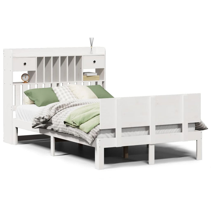 Pat cu bibliotecă fără saltea, alb, 135x190 cm, lemn masiv pin WALTI