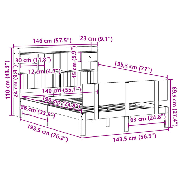 Pat cu bibliotecă fără saltea, alb, 140x190 cm, lemn masiv pin WALTI