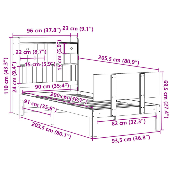 Pat cu bibliotecă fără saltea, 90x200 cm, lemn masiv pin WALTI