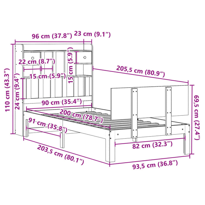 Pat cu bibliotecă fără saltea, alb, 90x200 cm, lemn masiv pin - WALTI WALTI