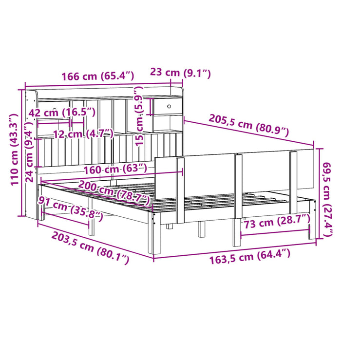Pat cu bibliotecă fără saltea, alb, 160x200 cm, lemn masiv pin WALTI
