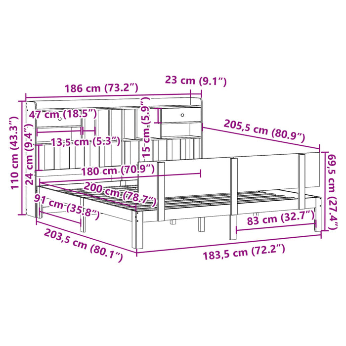 Pat cu bibliotecă fără saltea, 180x200 cm, lemn masiv de pin WALTI