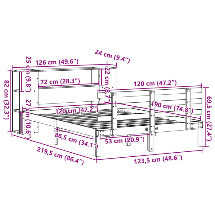Pat cu bibliotecă fără saltea, alb, 120x190 cm, lemn masiv pin - WALTI WALTI