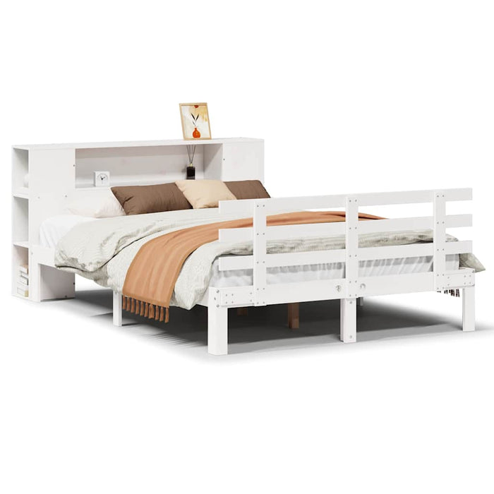 Pat cu bibliotecă fără saltea, alb, 135x190 cm, lemn masiv pin - WALTI WALTI
