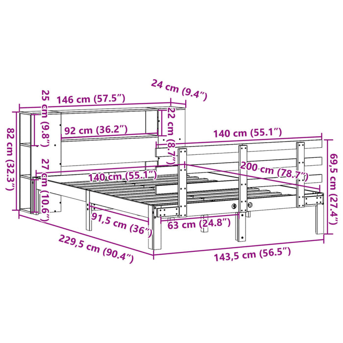 Pat cu bibliotecă fără saltea, alb, 140x200 cm, lemn masiv pin - WALTI WALTI