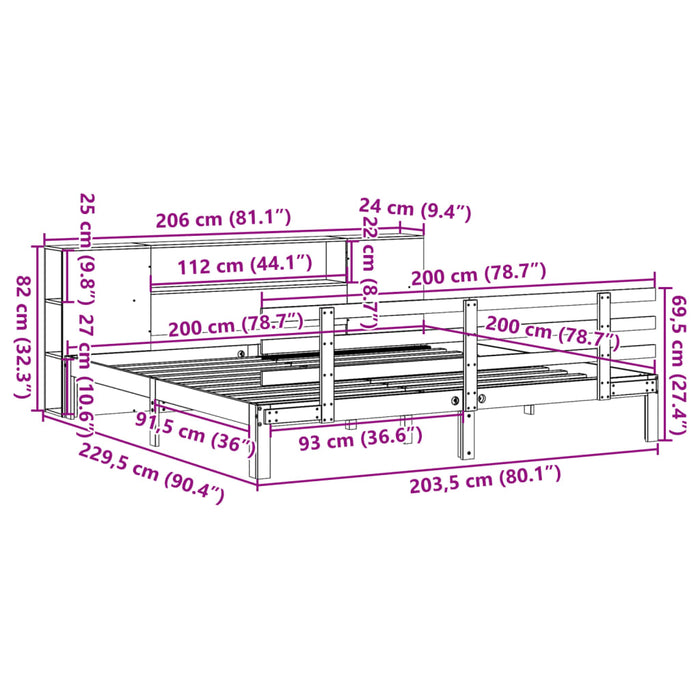 Pat cu bibliotecă fără saltea, alb, 200x200 cm, lemn masiv pin - WALTI WALTI