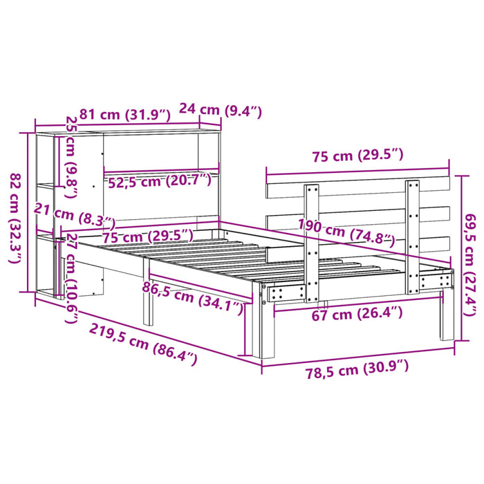 Pat cu bibliotecă fără saltea, 75x190 cm, lemn masiv de pin - WALTI WALTI