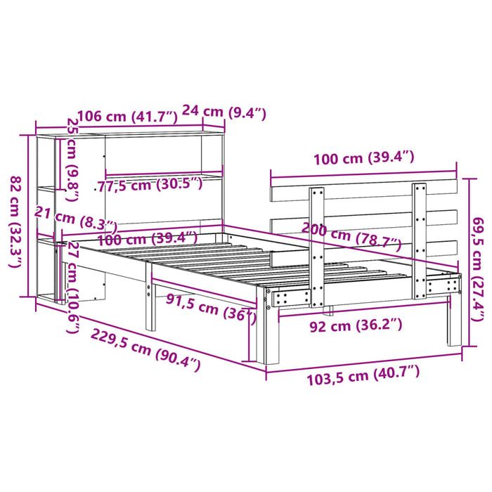 Pat cu bibliotecă fără saltea, maro, 100x200 cm, lemn masiv pin - WALTI WALTI