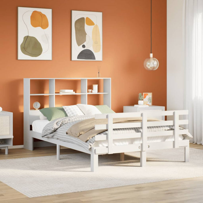Pat cu bibliotecă fără saltea, alb, 140x190 cm, lemn masiv pin - WALTI WALTI