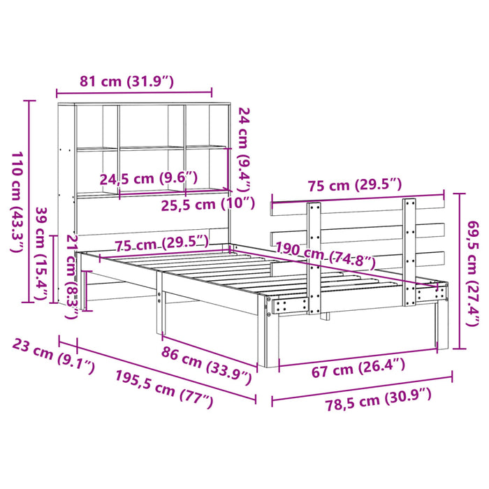 Pat bibliotecă fără saltea maro ceruit 75x190 cm lemn masiv pin - WALTI WALTI