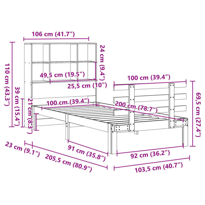 Pat cu bibliotecă fără saltea, maro, 100x200 cm, lemn masiv pin - WALTI WALTI
