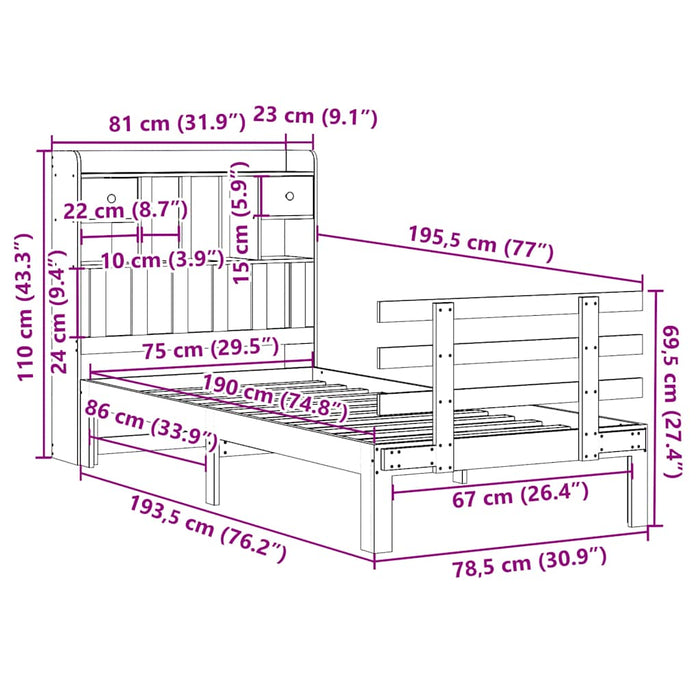 Pat cu bibliotecă fără saltea, 75x190 cm, lemn masiv de pin - WALTI WALTI