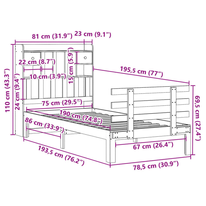 Pat cu bibliotecă fără saltea, alb, 75x190 cm, lemn masiv pin - WALTI WALTI