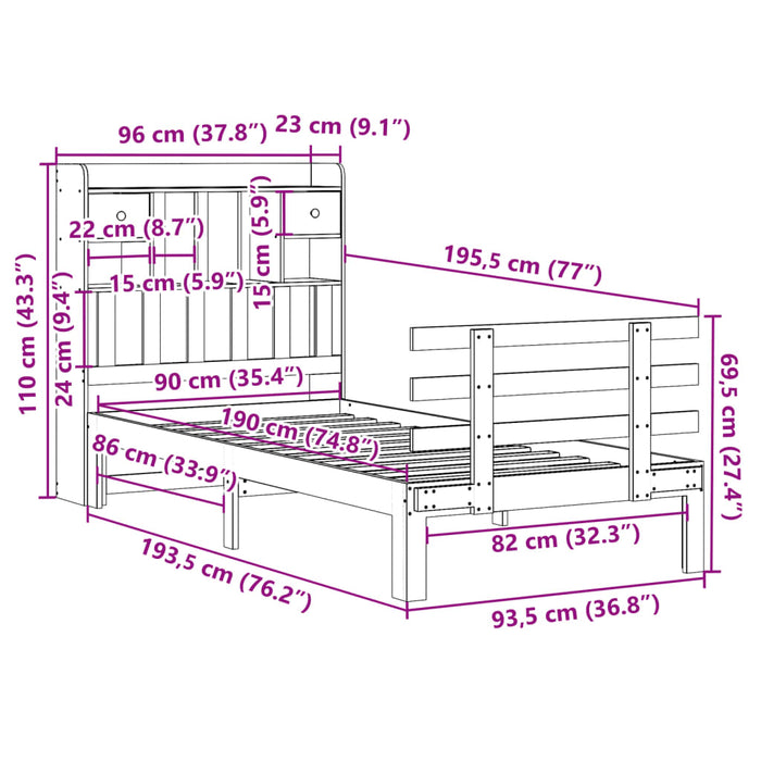 Pat cu bibliotecă fără saltea, alb, 90x190 cm, lemn masiv pin - WALTI WALTI