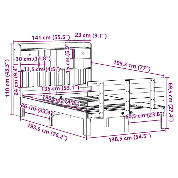 Pat cu bibliotecă fără saltea, alb, 135x190 cm, lemn masiv pin - WALTI WALTI
