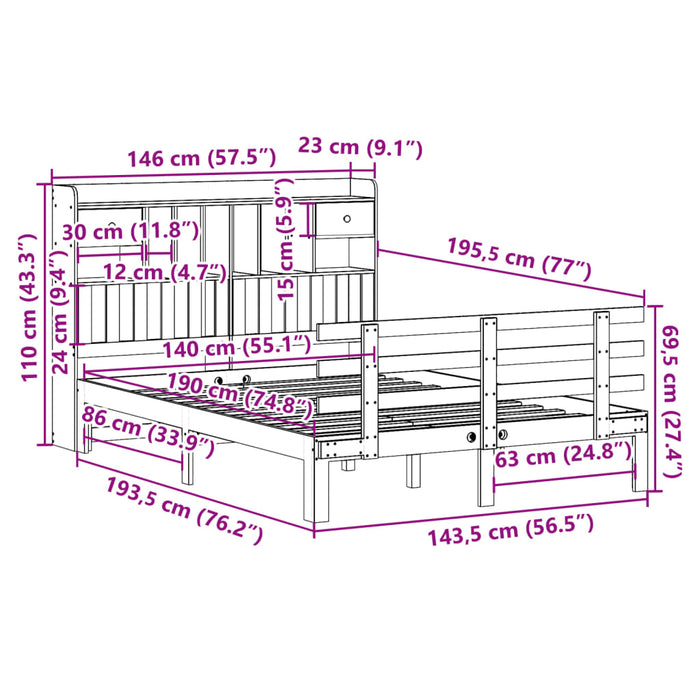 Pat cu bibliotecă fără saltea, 140x190 cm, lemn masiv de pin WALTI