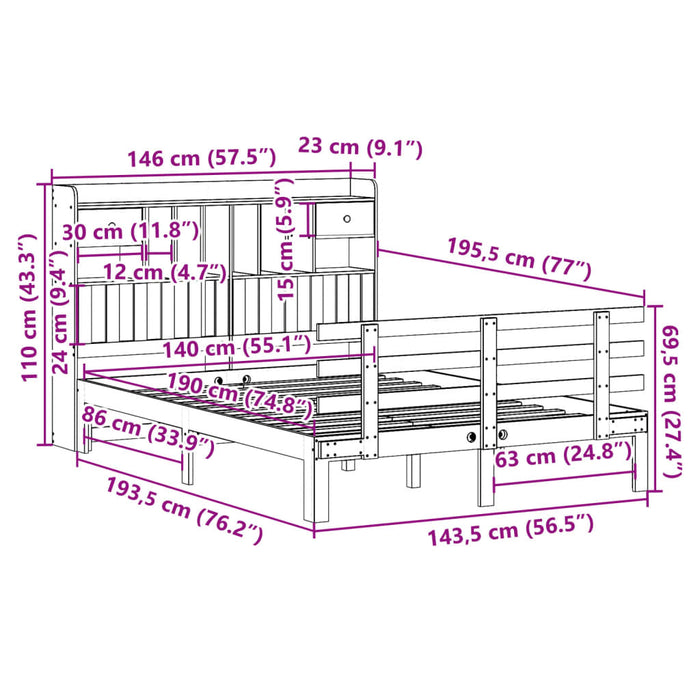Pat cu bibliotecă fără saltea, alb, 140x190 cm, lemn masiv pin - WALTI WALTI