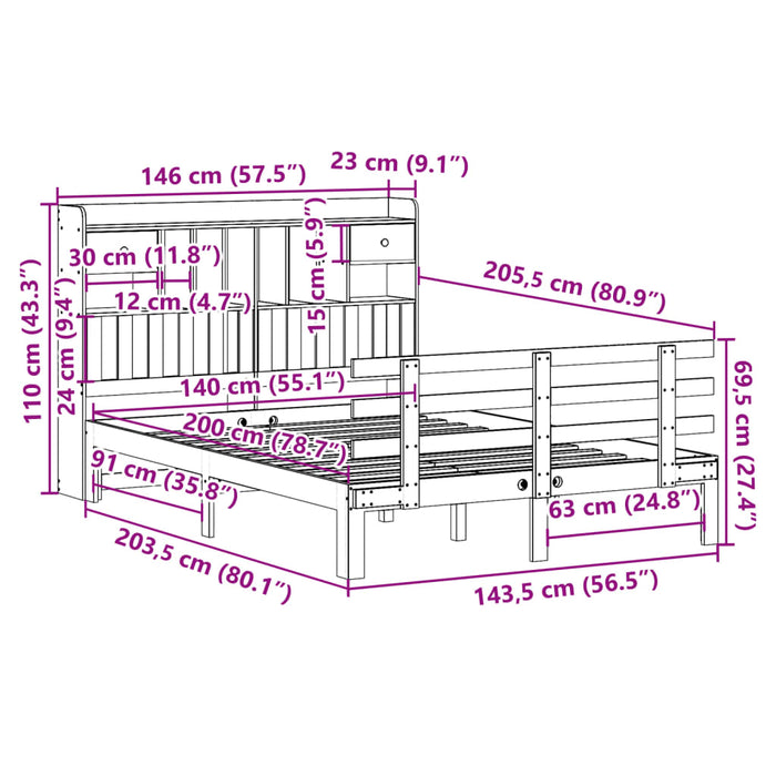 Pat cu bibliotecă fără saltea, alb, 140x200 cm, lemn masiv pin - WALTI WALTI
