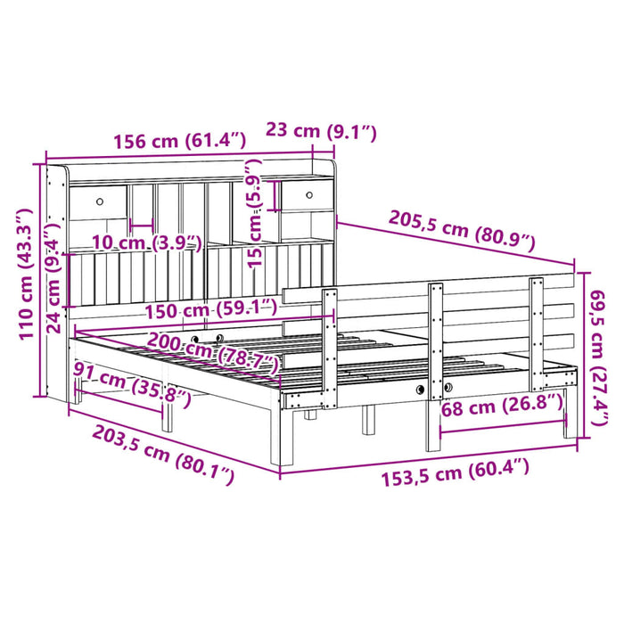 Pat cu bibliotecă fără saltea, alb, 150x200 cm, lemn masiv pin - WALTI WALTI